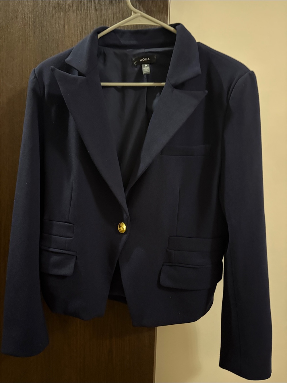 Aqua Navy Tailored Single-Button Blazer with Gold Button